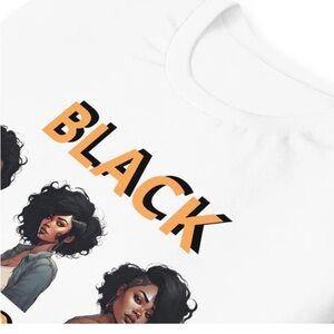 Women’s White Graphic Tee with Bold Black & Orange 'BLACK' Text